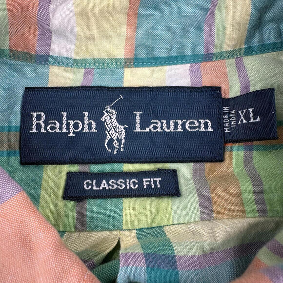 Ralph Lauren Shirt Mens XL Green Peach India Madras Plaid Summer Breezy - Picture 3 of 7